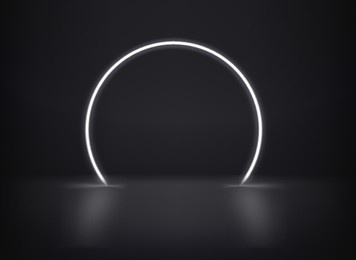 white neon glowing circle on dark interior. 3d vector template for design