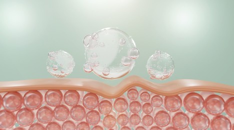water and vitamin drop on skin cell.
serum through the skin layer and reduce up saggy skin of the skin cell. 3d rendering.  