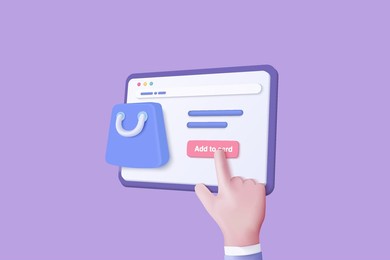 3d vector render online shopping bag for product add to card on website. cartoon icon isolated on background with commercial market. 3d vector and shop purchase basket retail store on e-commerce