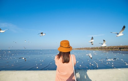 back side of happy woman freedom lifestyle traveler in thailand vacation journey on the concrete bridge at the sea with sea gull bird flying on the sky.