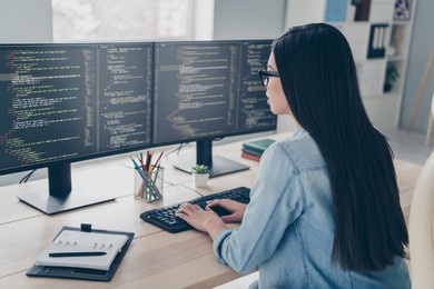 profile side view portrait of attractive focused girl ceo boss chief editing html java script at workplace workstation indoors