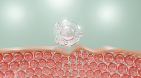 molecule inside bubble background, concept cosmetics solution. water and vitamin drop on skin cell. serum through the skin layer and reduce up saggy skin of the skin cell. 3d rendering.  
