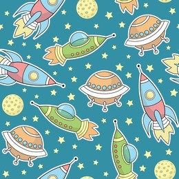 seamless vector pattern with space rockets, spaceships, stars, planets