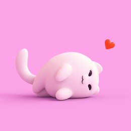 kawaii cute fat white kitten in lying pose sleeping on pink backdrop. floating red heart shape. good night, sweet dreams, i love you, lazy days. minimal stylized art style, cartoon card. 3d render.