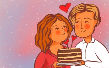 pink dotted postcard for valentine's day. couple in love together. birthday cake, hearts.