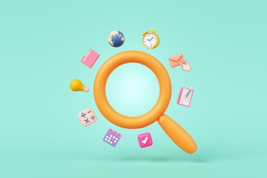 magnifying glass app search engine study kid cute imagine creative clock globe light bulb pencil and calculator pastel connected world online technology object of learning education. 3d illustration.