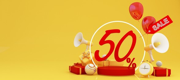 great discount banner design with sale 50% text phrase on red and yellow background with gift box, shopping cart bag and alarm clock elements megaphone with product stand 3d rendering
