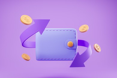 violet mobile wallet, coins with dollar sign on purple background. cashback and refund in online shopping. concept of refund and digital payment. 3d rendering