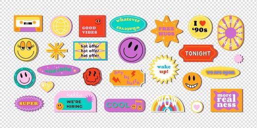 cool trendy retro stickers with smile faces, cartoon comic label patches. funky, hipster retrowave stickers in geometric shapes. vector illustration of y2k , 90s graphic design badges.