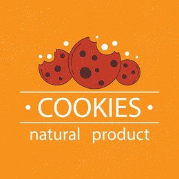 cookies natural product logo, digital vector illustration with a brown cookie and chocolate balls on the beige textured spot. the illustration is for the cookie packaging banner cards poster