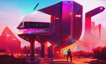retro futuristic abstract cityscape in pink and violet colors. creative concept. future city. cyberpunk wallpaper. 3d illustration.