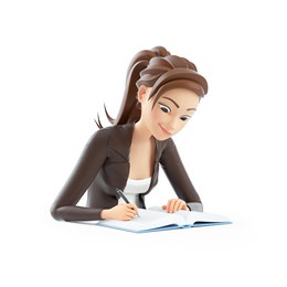 3d cartoon woman doing her homework, illustration isolated on white background