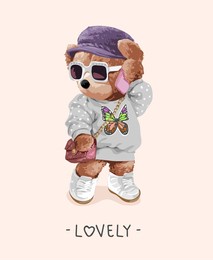 lovely slogan with bear doll in butterfly dress and sunglasses vector illustration