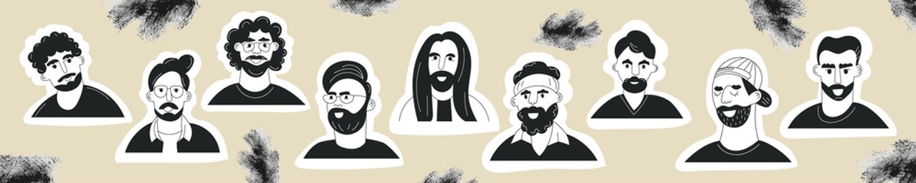 set of doodle men face avatars with mustache and beard sticker. grunge collection of trendy hipster guy portrait. black and white flat vector illustration banner or template. fashion bearded man faces
