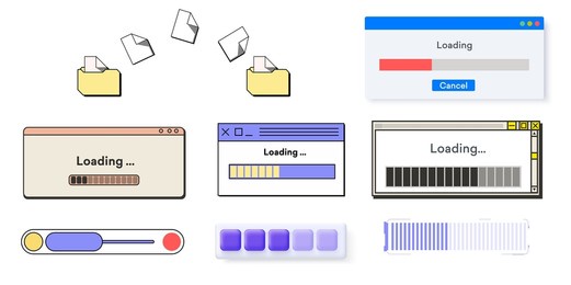 a set of data loading window with a progress indicator on a white background. retro download bar, alert window mock up in classic style. backing up documents in the old interface. vector illustration