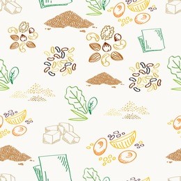 8 foods for vegetarians and vegans doodle seamless pattern vector illustration