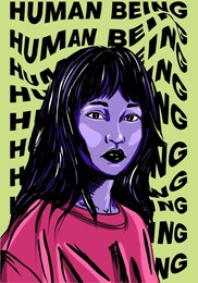 girl illustration with distorted text background
