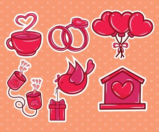romantic lovely valentine’s day elements and stickers set. cartoon style sticker. love stickers vector set for valentine’s day. valentine's day sticker in kawaii style.