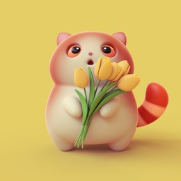 kawaii cute fat red cat with open mouth, big orange eyes, striped tail holding bouquet of yellow tulips in its paws congratulates you on march 8. hello spring happy holiday. 3d render in pastel colors