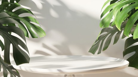 realistic 3d render for products overlay. a blank white round table among tropical monstera plants with sunlight, beautiful leaves shadow on white wall in background. mock up, display, podium, stand.