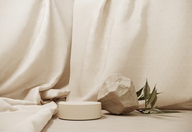 podium, showcase on pastel  background with drop. abstract geometric composition with branch and stone -3d render. mock up for exhibitions, presentation and branding products, health care.