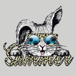 happy bunny in leopard sunglasses with palms. slogan summer. vector illustration.
