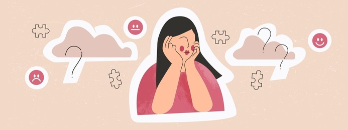 sad woman or aloof girl teenager alone with question flat vector illustration sticker. doubt female character thinking and making choices. lonely depressed teen introvert. melancholy and inner problem