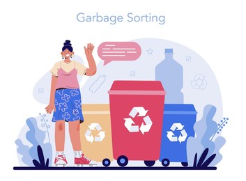 cleaning service concept. cleaning staff with special equipment. janitor worker cleaning street and sorting garbage. idea of garbage reuse. sorting paper and plastic rubbish. flat vector illustration