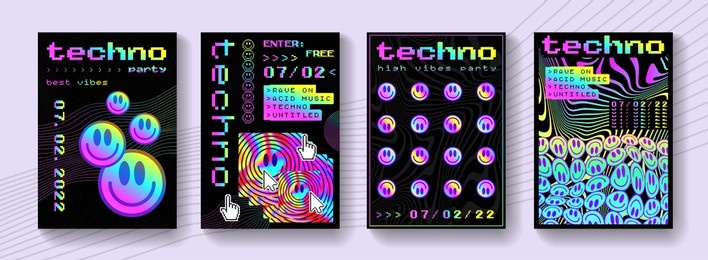 set of abstract rave psychedelic posters. cool colorful rainbow acid art. 