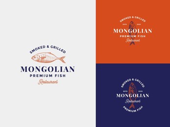 mongolian fish seafood hand draw logo template with premium vintage typography. stylish vintage vector emblem concept.