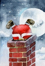 merry christmas card. santa claus stuck in the chimney. watercolor illustrations