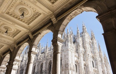 duomo cathedral of milan, italy. look from the arcade portico.  