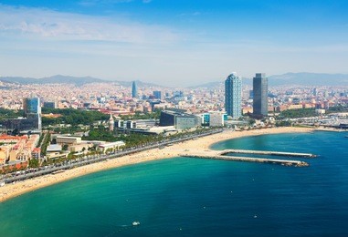 aerial view of barcelona from mediterranean. barceloneta beach and port olimpic