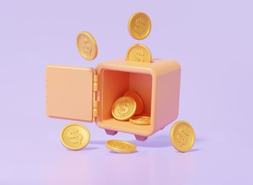 coins dollar safe box floating with security, earn finance saving money concept. cartoon minimal style on purple pastel background, wealth. 3d render illustration