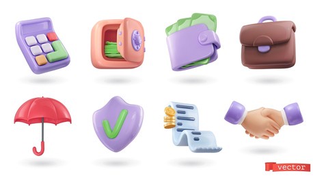 3d business icon set. calculator, safe, wallet with money, briefcase, umbrella, shield, cash receipt, handshake. render vector objects