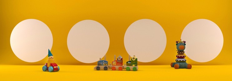 3d toys on a yellow background.
