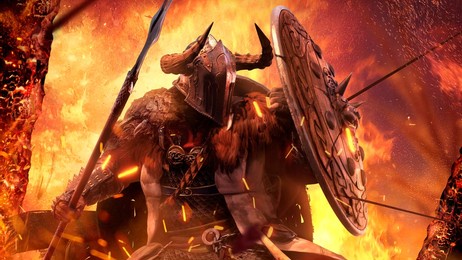 a northern warrior in armor made of metal and skins is protected from arrows by a wooden shield with beautiful carvings, he has helmet with horns and spear, a bright fire and an icarus. 3d rendering