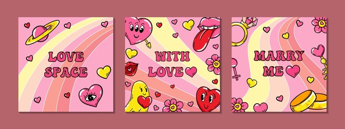 set of square trendy love posters with cute comic illustrations. groovy vector design.
