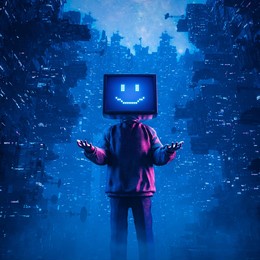 monitor head media concept - 3d illustration of hoodie wearing character with smiling computer display face standing in futuristic cyberpunk city