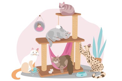 cute pets sitting concept background. cats are sitting on couch in living room, relaxing or playing in cozy room. domestic animals care. vector illustration in flat cartoon design