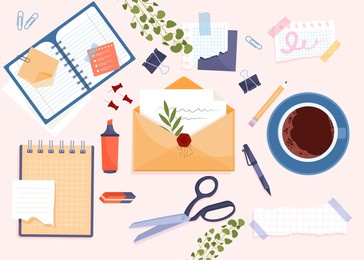 set of writers tool. collection of stickers for social networks. letters, pens, pencils and notebooks. postal inventory, stationery. cartoon flat vector illustrations isolated on pink background