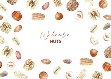 nuts frame design. raw pecan, walnut, almond, pistachio, peanut, macadamia, hazelnut and cashew. hand drawn watercolor illustration of organic food for packaging, label, card.