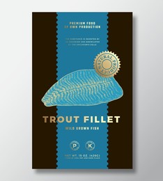 wild trout fillets abstract vector packaging label design template. modern typography banner, hand drawn fish sketch silhouette. color paper background layout with gold foil. isolated