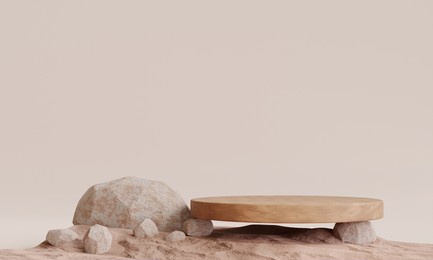 stone with rounded wood podium on earth tone colour background for product presentation. natural beauty pedestal, relaxation and health, 3d illustration