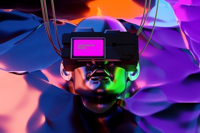 metaverse vr world simulation gaming cyberpunk style, digital robot ai, 3d illustration rendering, virtual reality device