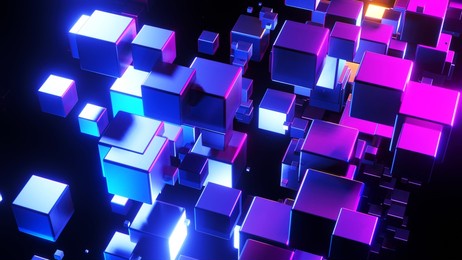abstract background 3d, many cubes with neon purple blue glow on black interesting science technology background, 3d render illustration.