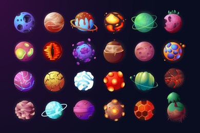 space planets. cartoon galaxy astronomical colorful objects, science fiction game interface elements. vector set