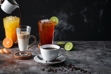 latte, americano, orange juice, lime tea served on dark background.
