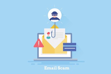 internet scammers stealing personal data through email scam, phishing email, fraud email alert - vector illustration concept