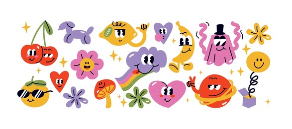 vector illustration set with abstact funny characters. comic stickers, pins or patches isolated on a white background.